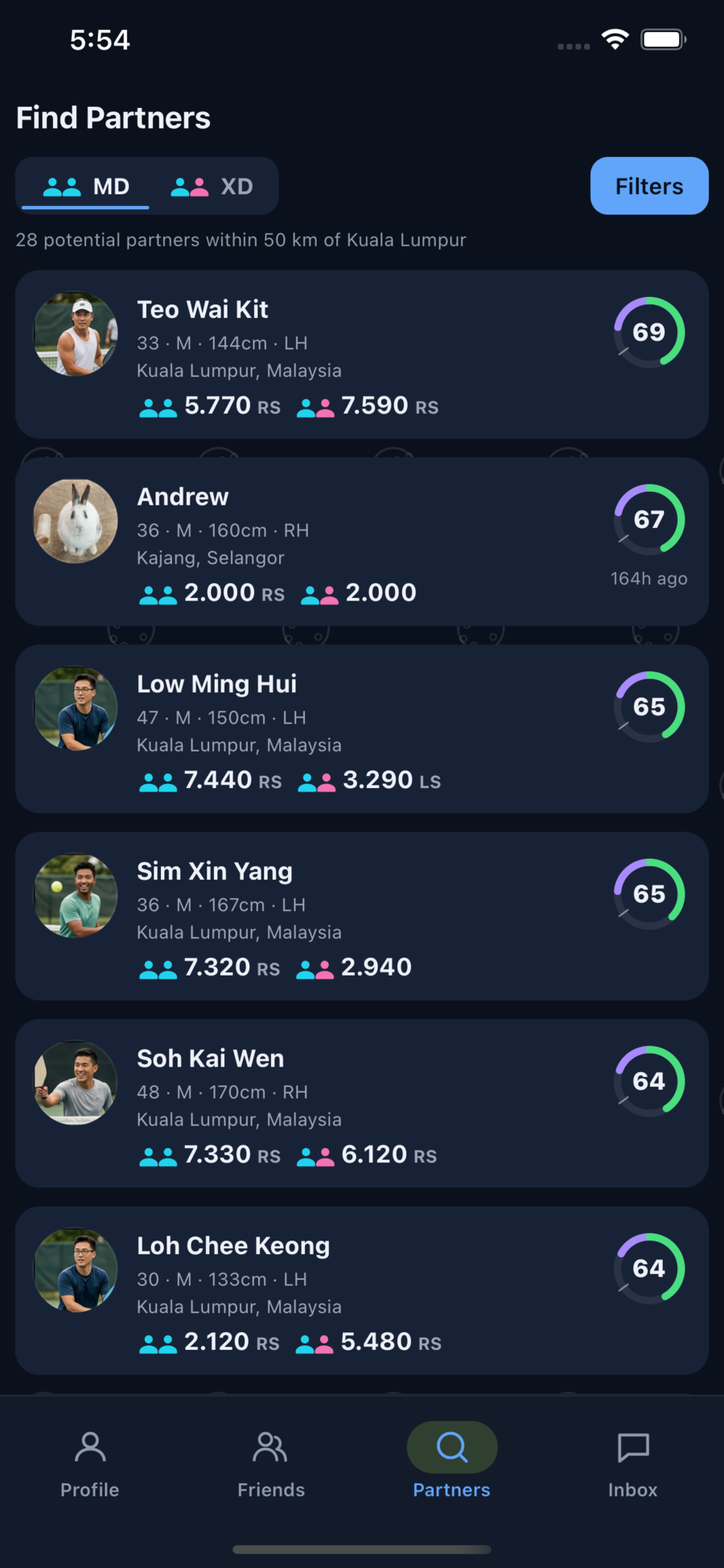Find Partners screen showing doubles partner candidates with fit scores