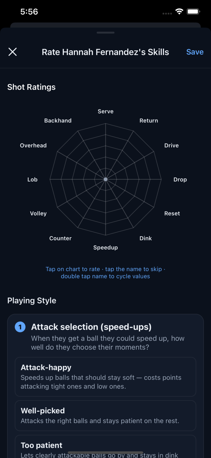 Rating a friend's shots after a match