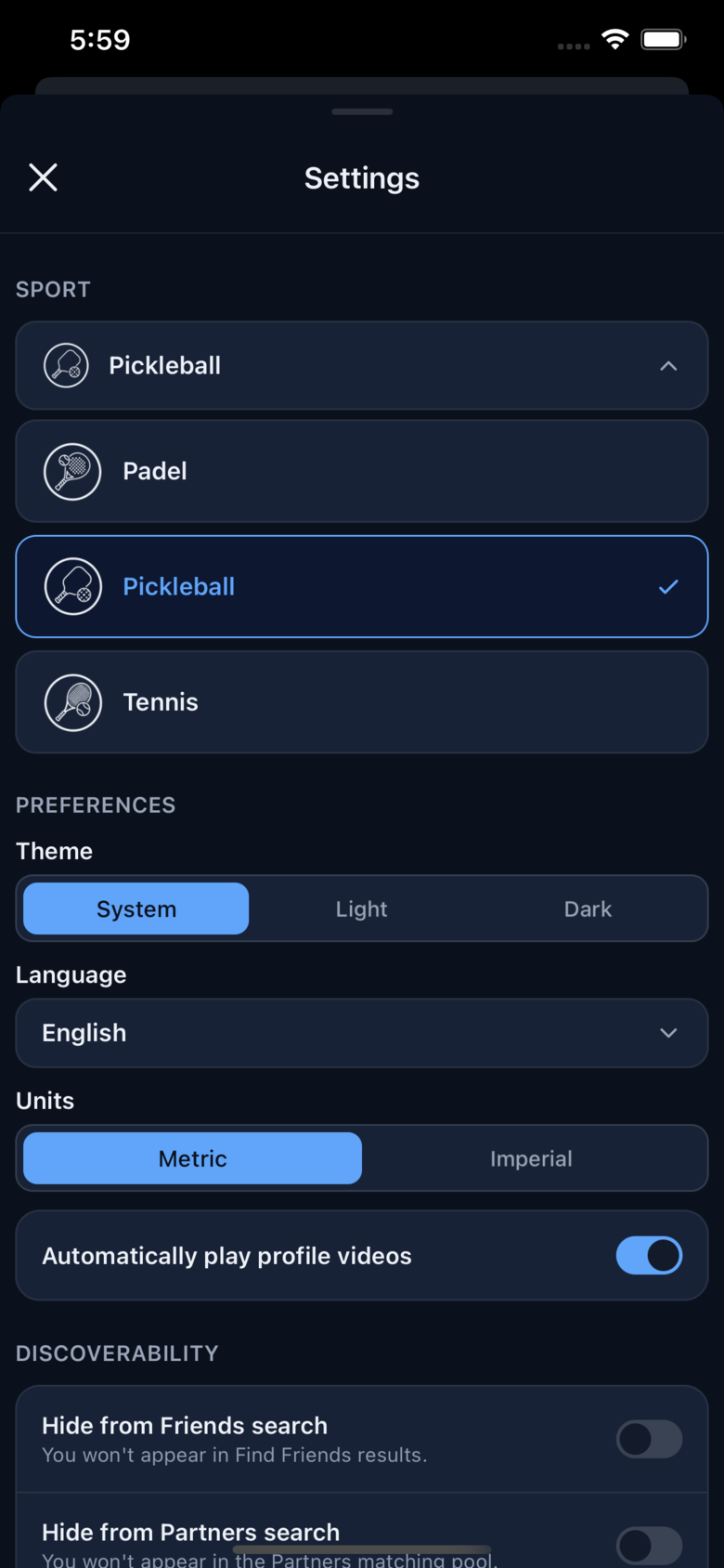 Settings screen showing the sport picker with pickleball, padel, and tennis