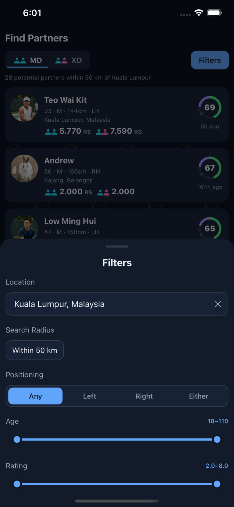 Filters bottom sheet for location and positioning