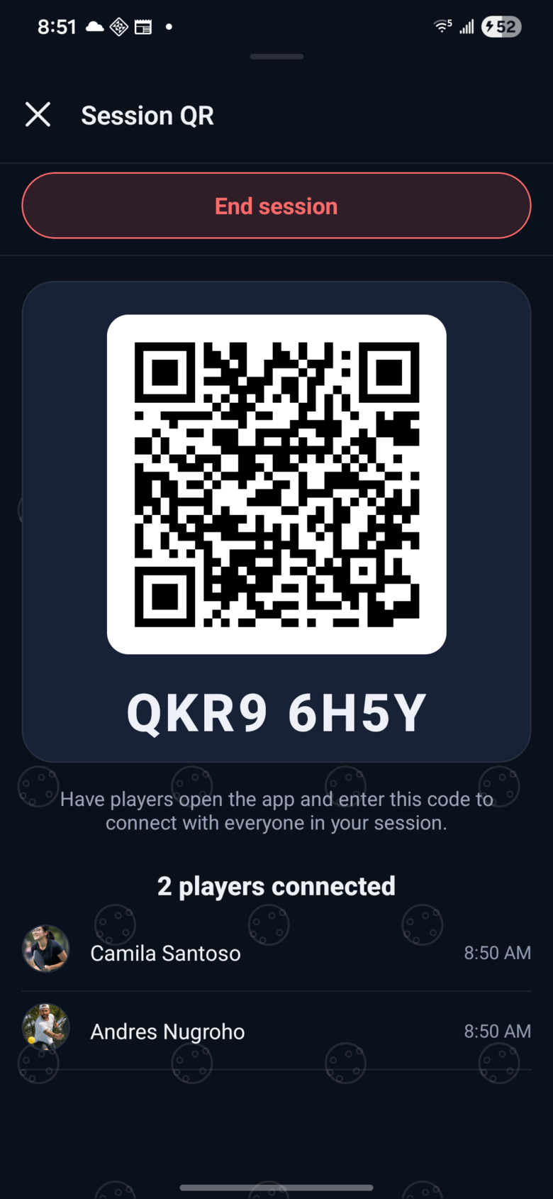 Session QR screen showing the join code and a live roster of connected players